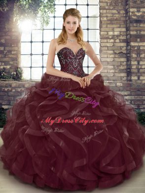 Exquisite Floor Length Burgundy 15th Birthday Dress Sweetheart Sleeveless Lace Up