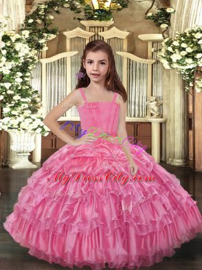 Best Sleeveless Floor Length Ruffled Layers Lace Up Glitz Pageant Dress with Rose Pink