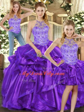 Purple Three Pieces Beading and Ruffles Quince Ball Gowns Lace Up Organza Sleeveless Floor Length