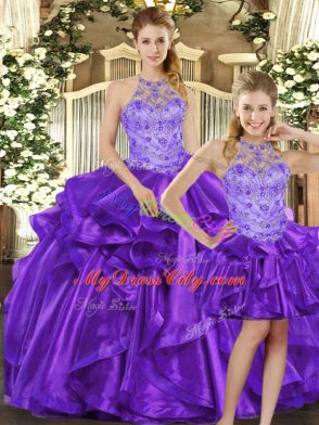 Purple Three Pieces Beading and Ruffles Quince Ball Gowns Lace Up Organza Sleeveless Floor Length