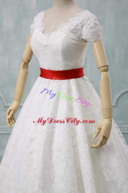 Fantastic White Bridal Gown Wedding Party with Lace and Belt V-neck Short Sleeves Zipper