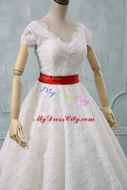 Fantastic White Bridal Gown Wedding Party with Lace and Belt V-neck Short Sleeves Zipper