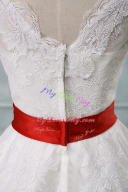 Fantastic White Bridal Gown Wedding Party with Lace and Belt V-neck Short Sleeves Zipper