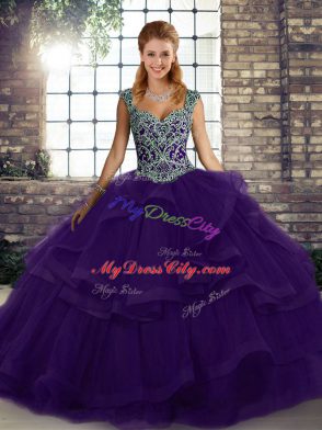 Purple Sleeveless Floor Length Beading and Ruffles Lace Up Quinceanera Gown