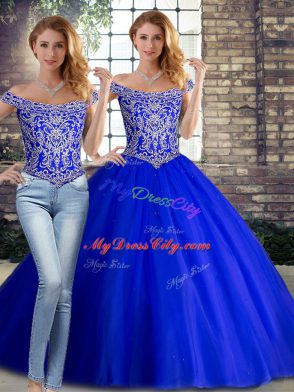 New Style Royal Blue Quinceanera Dresses Off The Shoulder Sleeveless Brush Train Lace Up