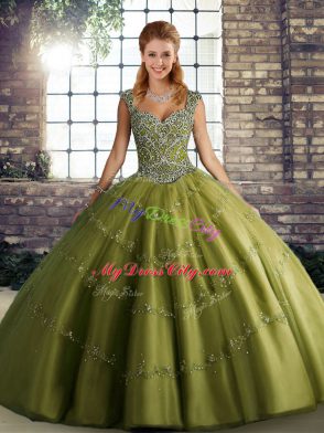 Sophisticated Beading and Appliques Quince Ball Gowns Olive Green Lace Up Sleeveless Floor Length