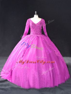 Floor Length Fuchsia Sweet 16 Dress V-neck Long Sleeves Lace Up