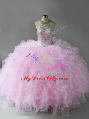 Floor Length Lace Up Quince Ball Gowns Pink for Military Ball and Sweet 16 and Quinceanera with Beading and Ruffles