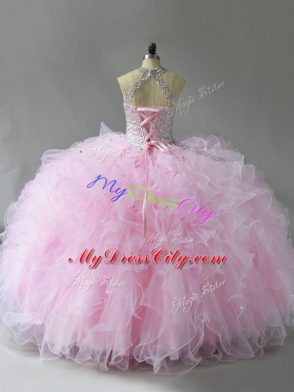 Floor Length Lace Up Quince Ball Gowns Pink for Military Ball and Sweet 16 and Quinceanera with Beading and Ruffles