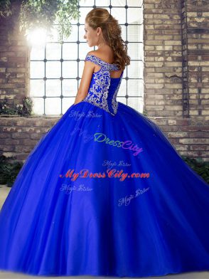 Beauteous Royal Blue Sweet 16 Dress Off The Shoulder Sleeveless Brush Train Lace Up