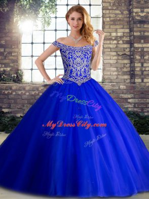 Beauteous Royal Blue Sweet 16 Dress Off The Shoulder Sleeveless Brush Train Lace Up