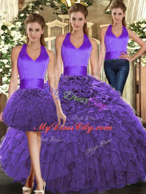 Designer Purple Three Pieces Organza Halter Top Sleeveless Ruffles Floor Length Lace Up Quinceanera Dress