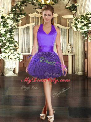 Designer Purple Three Pieces Organza Halter Top Sleeveless Ruffles Floor Length Lace Up Quinceanera Dress