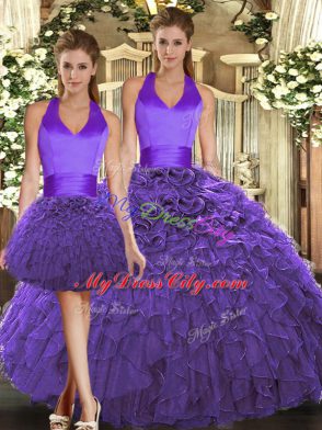 Designer Purple Three Pieces Organza Halter Top Sleeveless Ruffles Floor Length Lace Up Quinceanera Dress