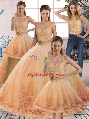 Glamorous Sleeveless Tulle Sweep Train Backless Vestidos de Quinceanera in Gold and Peach with Lace