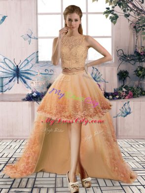 Glamorous Sleeveless Tulle Sweep Train Backless Vestidos de Quinceanera in Gold and Peach with Lace