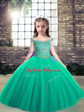 Floor Length Ball Gowns Sleeveless Turquoise Little Girl Pageant Gowns Lace Up