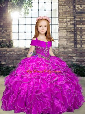 High End Fuchsia Custom Made Pageant Dress Party and Wedding Party with Beading and Ruffles Straps Sleeveless Lace Up