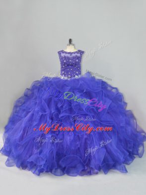 Blue Ball Gowns Beading and Ruffles Quinceanera Dresses Lace Up Organza Sleeveless Floor Length