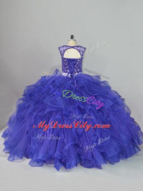 Blue Ball Gowns Beading and Ruffles Quinceanera Dresses Lace Up Organza Sleeveless Floor Length