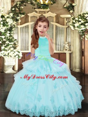 Floor Length Ball Gowns Sleeveless Aqua Blue Glitz Pageant Dress Backless