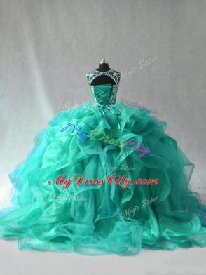 Super Scoop Sleeveless Quince Ball Gowns Floor Length Beading and Ruffles Turquoise Organza