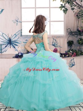 Eye-catching Apple Green Ball Gowns Scoop Sleeveless Tulle Floor Length Lace Up Beading Pageant Gowns