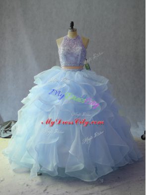 Blue Two Pieces Halter Top Sleeveless Beading and Ruffles Backless Sweet 16 Quinceanera Dress