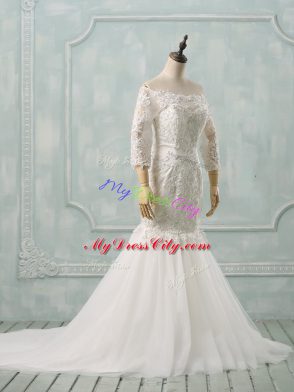 Simple 3 4 Length Sleeve Watteau Train Lace Up Lace Wedding Gown