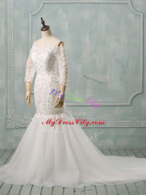 Simple 3 4 Length Sleeve Watteau Train Lace Up Lace Wedding Gown