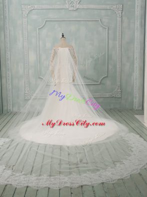 Simple 3 4 Length Sleeve Watteau Train Lace Up Lace Wedding Gown