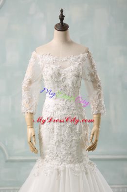 Simple 3 4 Length Sleeve Watteau Train Lace Up Lace Wedding Gown