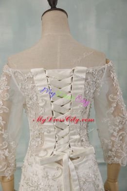 Simple 3 4 Length Sleeve Watteau Train Lace Up Lace Wedding Gown