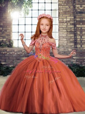 Sleeveless Lace Up Floor Length Beading Little Girls Pageant Gowns