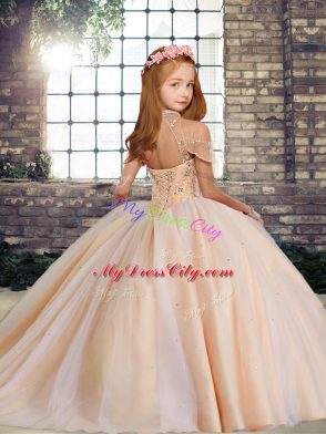 Sleeveless Lace Up Floor Length Beading Little Girls Pageant Gowns