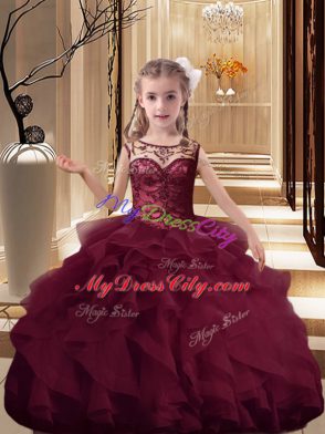 Attractive Lace Up Little Girls Pageant Dress Burgundy for Party and Wedding Party with Beading and Ruffles Brush Train