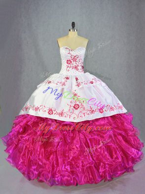 Discount Hot Pink Quinceanera Dress Sweet 16 and Quinceanera with Beading and Embroidery and Ruffles Sweetheart Sleeveless Brush Train Lace Up