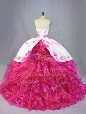 Discount Hot Pink Quinceanera Dress Sweet 16 and Quinceanera with Beading and Embroidery and Ruffles Sweetheart Sleeveless Brush Train Lace Up