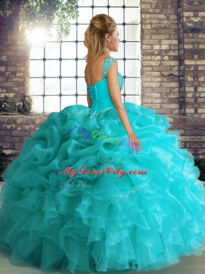 Super Sleeveless Organza Floor Length Lace Up Quinceanera Dress in Blue with Beading and Ruffles and Pick Ups