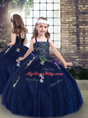 Charming Floor Length Navy Blue Little Girls Pageant Gowns Tulle Sleeveless Beading and Appliques