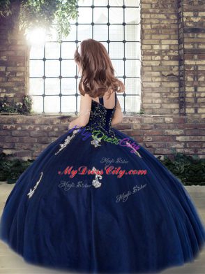 Charming Floor Length Navy Blue Little Girls Pageant Gowns Tulle Sleeveless Beading and Appliques