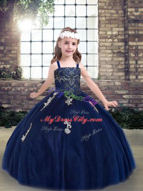 Charming Floor Length Navy Blue Little Girls Pageant Gowns Tulle Sleeveless Beading and Appliques