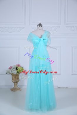 Designer Tulle Straps Sleeveless Zipper Ruching Bridesmaid Dress in Aqua Blue