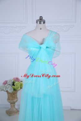 Designer Tulle Straps Sleeveless Zipper Ruching Bridesmaid Dress in Aqua Blue