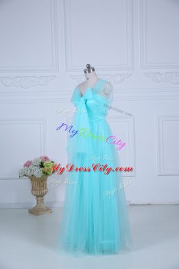 Designer Tulle Straps Sleeveless Zipper Ruching Bridesmaid Dress in Aqua Blue