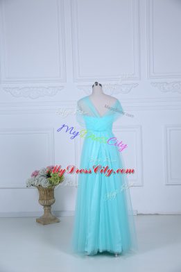 Designer Tulle Straps Sleeveless Zipper Ruching Bridesmaid Dress in Aqua Blue