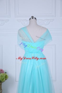 Designer Tulle Straps Sleeveless Zipper Ruching Bridesmaid Dress in Aqua Blue