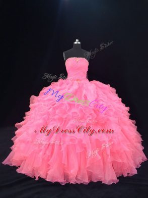 Best Sleeveless Floor Length Beading and Ruffles Lace Up Quinceanera Dress with Pink