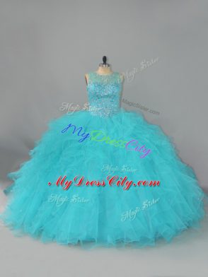 Dramatic Aqua Blue Scoop Neckline Beading and Ruffles Vestidos de Quinceanera Sleeveless Lace Up