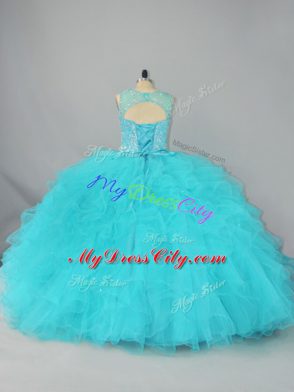 Dramatic Aqua Blue Scoop Neckline Beading and Ruffles Vestidos de Quinceanera Sleeveless Lace Up